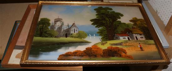 Glass painted landscape & watercolours(-)